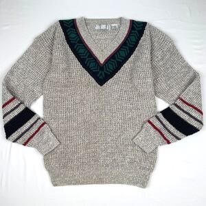 Michael Gerald Vintage Collegiate V-Neck Knit Sweater Geo Border Mens Medium